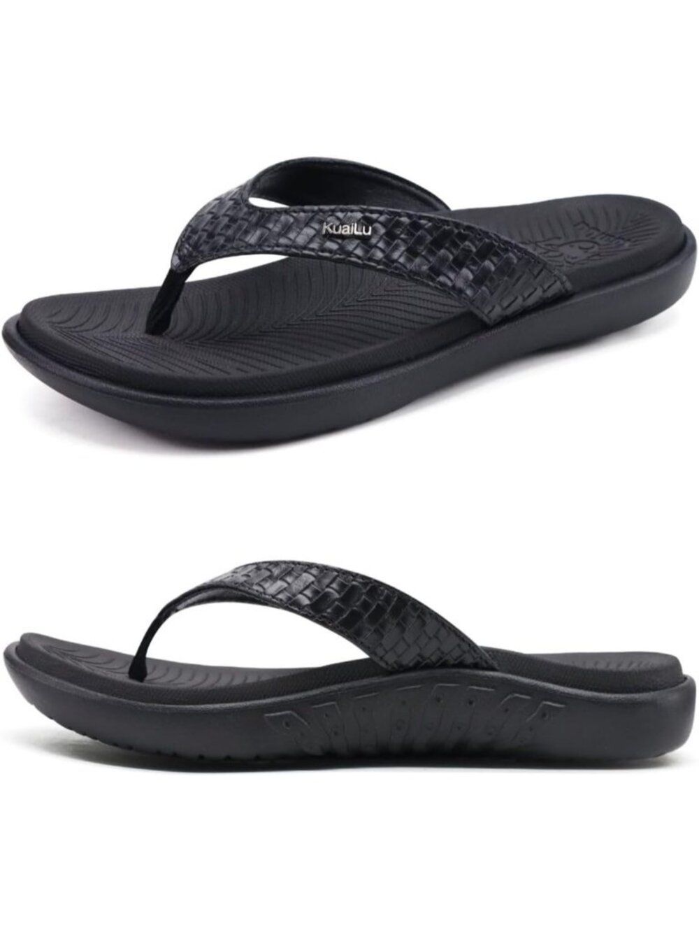 Women's Dark Black Flip Flops Arch Support Cushioned Thong Sandals Comfortable